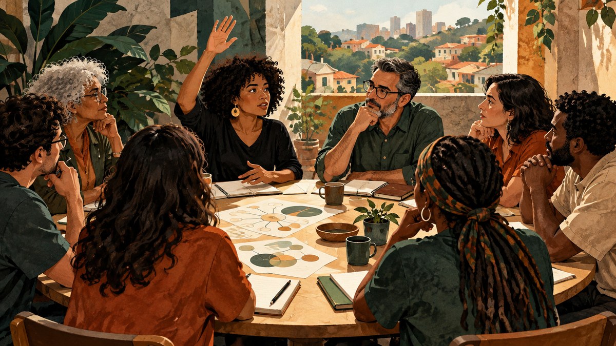 Uma mulher levanta a mão numa reunião; os demais participantes escutam em torno de uma mesa com papéis.