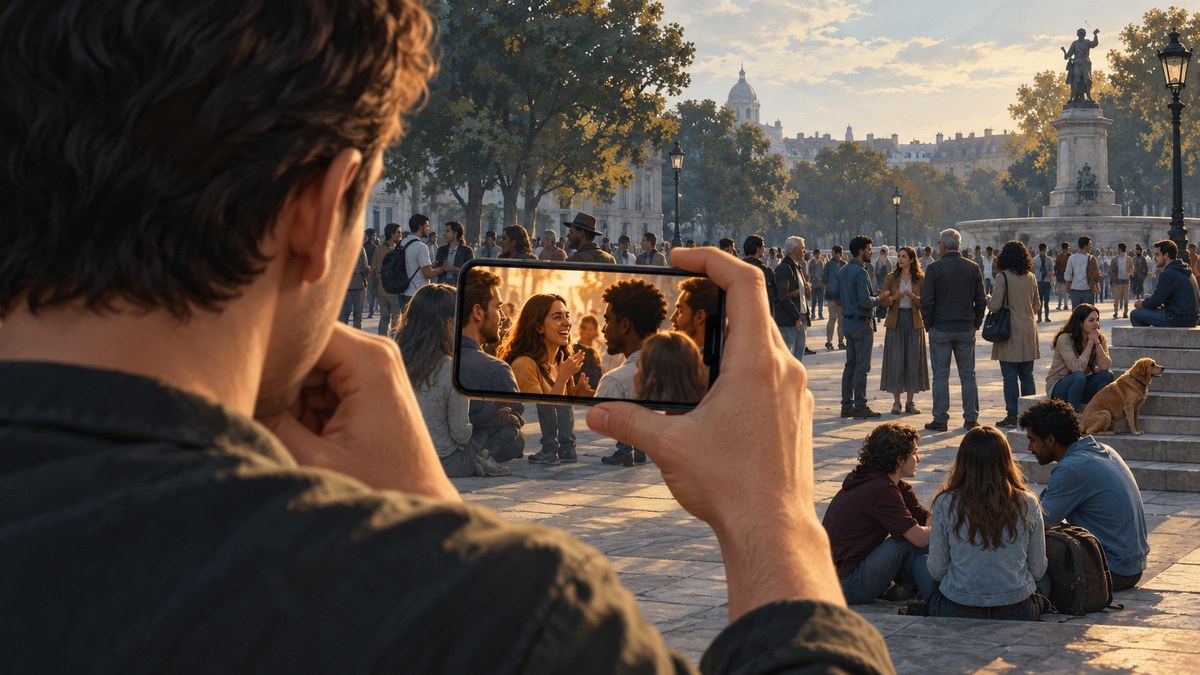 Ilustração de um celular enquadrando um grupo numa praça, enquanto outras conversas ficam fora da tela.