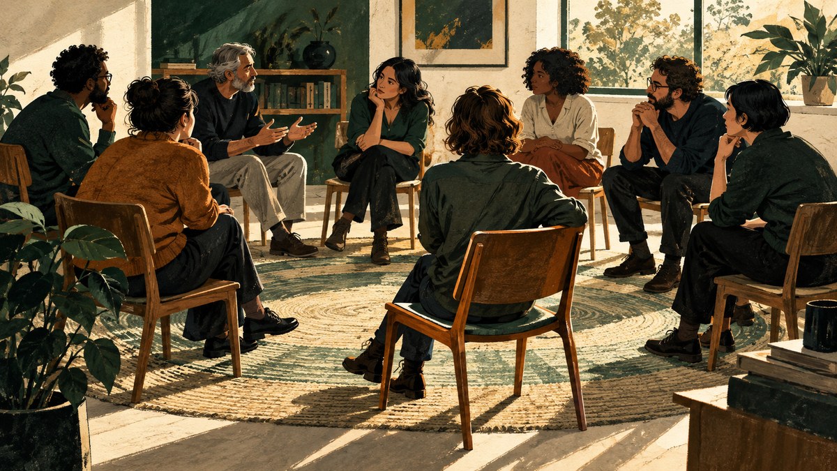 Um grupo conversa em círculo numa sala clara; uma cadeira orientada de modo diferente sugere espaço para discordar.