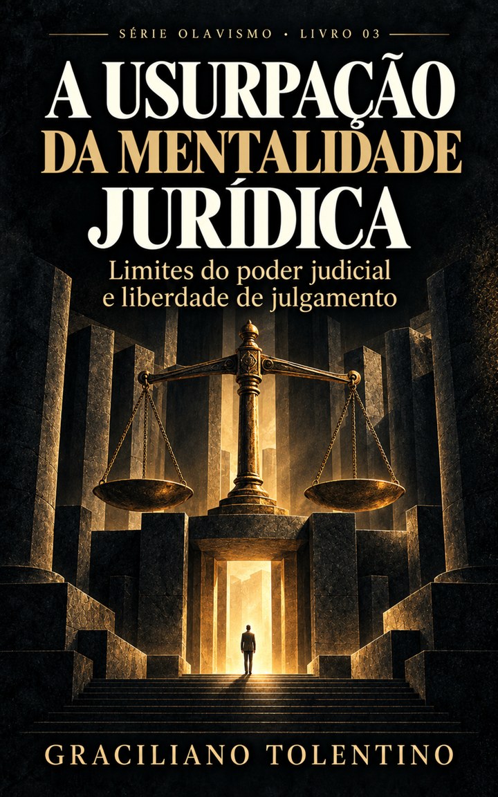 Capa de A Usurpação da Mentalidade Jurídica, de Graciliano Tolentino, volume 3 da Série Olavismo, com balança sobre um portal.
