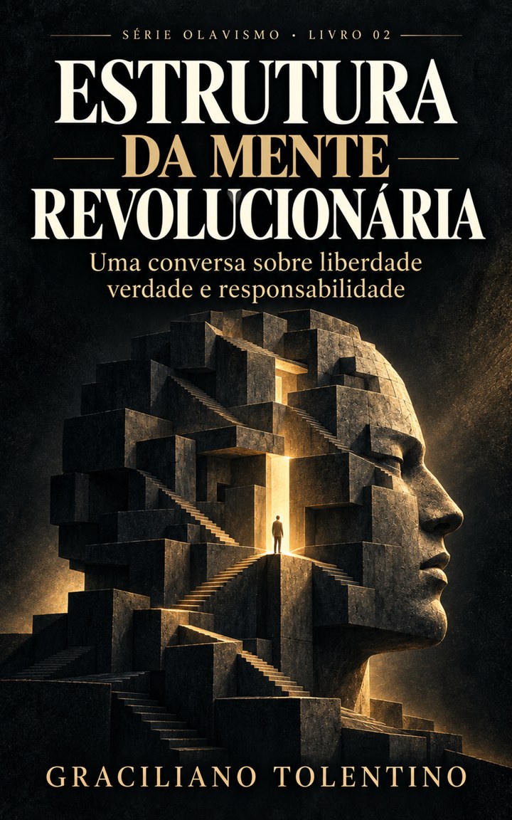 Capa de Estrutura da Mente Revolucionária, de Graciliano Tolentino, volume 2 da Série Olavismo, com um rosto formado por blocos.